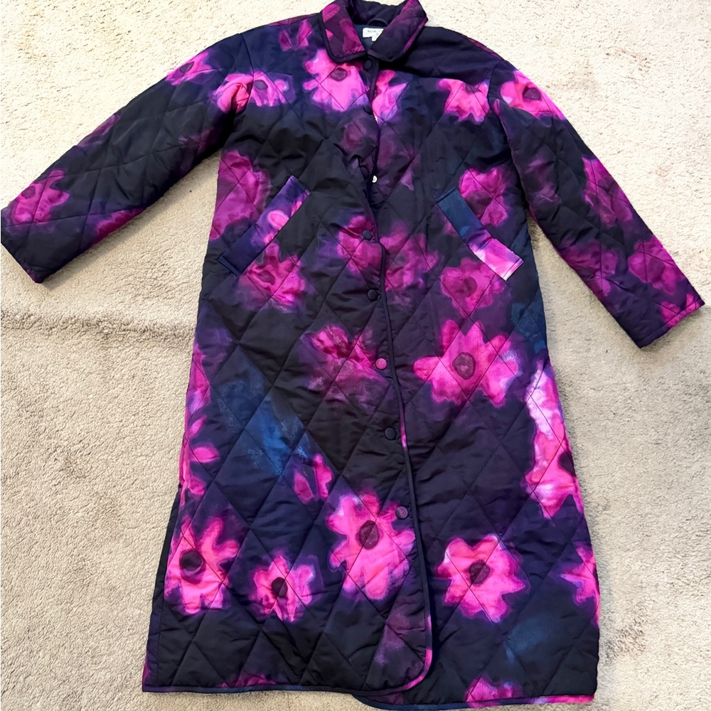 Floral Quilted Women's Coat - Black and Pink